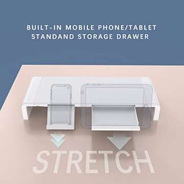 Computer Monitor Stand, Foldable Monitor Stand Riser, Computer Stand with Storage Drawer & Phone Stand for Computer, Desktop, Laptop, Save Space (White)