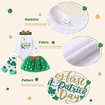 XIFAMNIY Baby Girls Newborn My 1st ST. Patrick's Day 4PCs Bodysuit Romper Green Dress Tutu Leg Warmer Outfit Set (St. Patrick's-first, 6-12 Months)