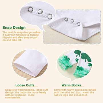 XIFAMNIY Baby Girls Newborn My 1st ST. Patrick's Day 4PCs Bodysuit Romper Green Dress Tutu Leg Warmer Outfit Set (St. Patrick's-first, 6-12 Months)