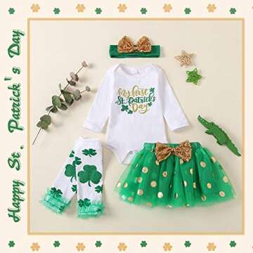 XIFAMNIY Baby Girls Newborn My 1st ST. Patrick's Day 4PCs Bodysuit Romper Green Dress Tutu Leg Warmer Outfit Set (St. Patrick's-first, 6-12 Months)
