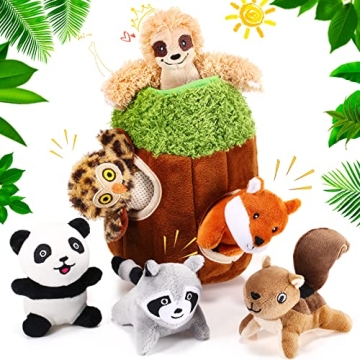 7 Pieces Dog Hide and Seek Toys Activity Puppy Chew Squeaky Toys Plush Stuffing Woodland Friends Stu...