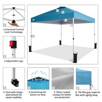 CROWN SHADES 10x10 Pop Up Canopy - Beach Tent with One Push Setup - Easy Outdoor Sun Shade for Events, Parties, Camping - Gazebo with STO-N-Go Cover Bag, Silver Coated Top, Cyan Blue