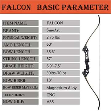 SinoArt Falcon 60" Takedown Hunting Recurve Bow Metal Riser 70 Lbs Black/Camo Right Handed (Black)