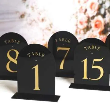 UNIQOOO Black Arch Wedding Table Numbers with Stands 1-15, Gold Foil Printed 5x7 Double Sided Acryli...