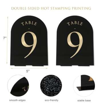 UNIQOOO Black Arch Wedding Table Numbers with Stands 1-15, Gold Foil Printed 5x7 Double Sided Acrylic Signs and Holders, Perfect for Centerpiece, Reception, Decoration, Party, Anniversary, Event