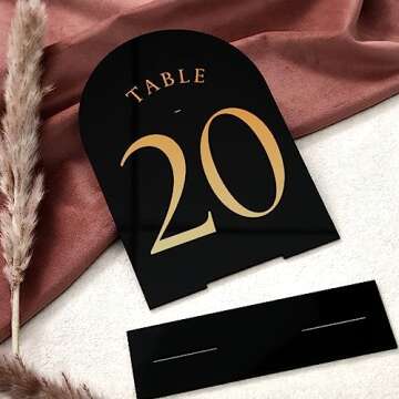 UNIQOOO Black Arch Wedding Table Numbers with Stands 1-15, Gold Foil Printed 5x7 Double Sided Acrylic Signs and Holders, Perfect for Centerpiece, Reception, Decoration, Party, Anniversary, Event