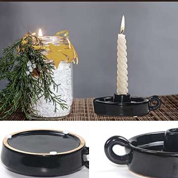 Kendiis Ceramic Candle Holder, Candlestick Holders with Handle, Candle Holders Rustic Farmhouse Decor for Home, Kitchen, Wedding, Party, Anniversary, Housewarming (Black)