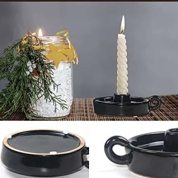 Kendiis Ceramic Candle Holder, Candlestick Holders with Handle, Candle Holders Rustic Farmhouse Decor for Home, Kitchen, Wedding, Party, Anniversary, Housewarming (Black)