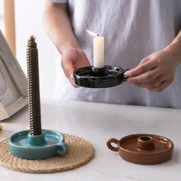 Kendiis Ceramic Candle Holder, Candlestick Holders with Handle, Candle Holders Rustic Farmhouse Decor for Home, Kitchen, Wedding, Party, Anniversary, Housewarming (Black)