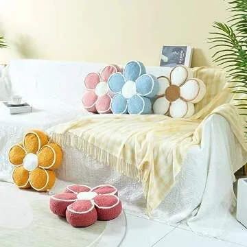 Sioloc Flower Pillow Flower Throw Pillow Flower Floor Cushion Cute Seat Cushion Aesthetic Floor Cushion Decorative Throw Pillow for Bed,Couch(Yellow,15.7")