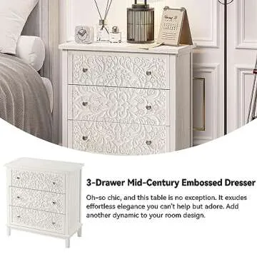 COZAYH 3-Drawer Fully-Assembled Flower Motif Dresser for French Country, Farmhouse, Modern, Rustic Style, Distressed Finish, White-Washed