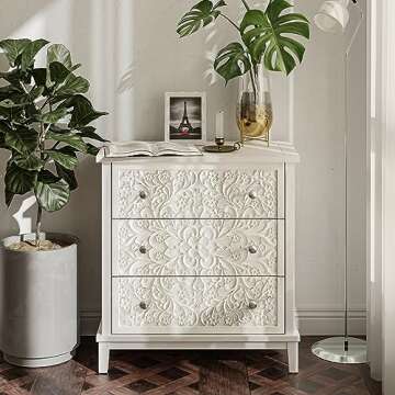 COZAYH 3-Drawer Fully-Assembled Flower Motif Dresser for French Country, Farmhouse, Modern, Rustic Style, Distressed Finish, White-Washed