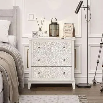 COZAYH 3-Drawer Fully-Assembled Flower Motif Dresser for French Country, Farmhouse, Modern, Rustic Style, Distressed Finish, White-Washed