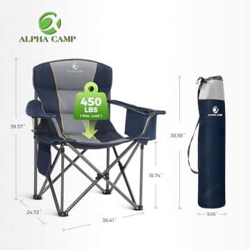 ALPHA CAMP Oversized Camping Folding Chair Heavy Duty with Cooler Bag Support 450 LBS Steel Frame Collapsible Padded Arm Quad Lumbar Back Chair Portable for Lawn Outdoor,Blue,1PC