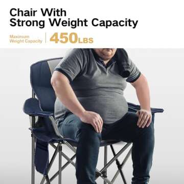 ALPHA CAMP Oversized Camping Folding Chair Heavy Duty with Cooler Bag Support 450 LBS Steel Frame Collapsible Padded Arm Quad Lumbar Back Chair Portable for Lawn Outdoor,Blue,1PC