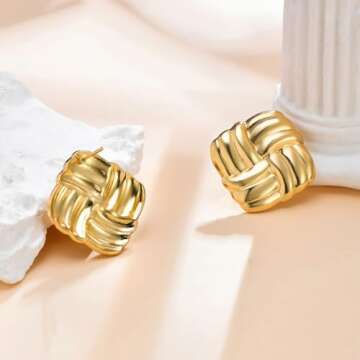 Dckazz Chunky Gold Square Earrings Vintage Earrings for Women Big Square Earrings Statement Geometric Stud Jewelry Stainless Steel