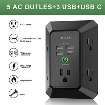 USB Wall Charger, Surge Protector, QINLIANF 5 Outlet Extender with 4 USB Charging Ports (4.8A Total) 3-Sided 1680J Power Strip Multi Plug Outlets Wall Adapter Spaced for Home Travel Office, Black