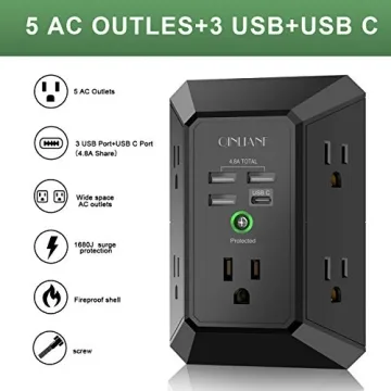 USB Wall Charger, Surge Protector, QINLIANF 5 Outlet Extender with 4 USB Charging Ports (4.8A Total) 3-Sided 1680J Power Strip Multi Plug Outlets Wall Adapter Spaced for Home Travel Office, Black