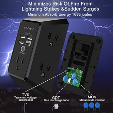 USB Wall Charger, Surge Protector, QINLIANF 5 Outlet Extender with 4 USB Charging Ports (4.8A Total) 3-Sided 1680J Power Strip Multi Plug Outlets Wall Adapter Spaced for Home Travel Office, Black