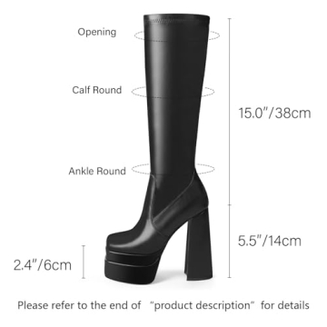 wetkiss Black Platform Boots for Women Knee High Boots Black Gogo Boots Women's Knee-high Boots Chunky Boots for Women Tall Boots 70s Boots Long Boots Stretch Square Toe Boots PU Leather Boots
