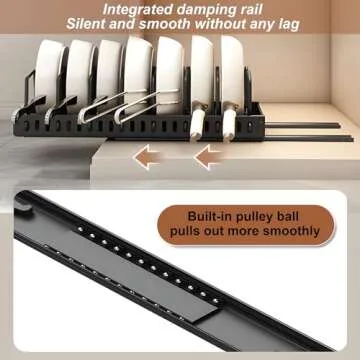 OUTIOE Pots and Pans Organizer Under Cabinet,Sliding Pot Lid Organizer for Cabinet,Pull Out Cabinet Organizer with 8 Adjustable Dividers (White, Sliding type)