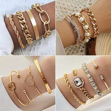 15 Pcs 14K Plated Gold Bracelets Set for Women, Multiple Layered Stackable Open Cuff Bangle, Adjusta...