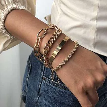 15 Pcs 14K Plated Gold Bracelets Set for Women, Multiple Layered Stackable Open Cuff Bangle, Adjustable Cuban Link Chain Tennis Bracelet Pack, Dainty Classic Aesthetic Jewelry