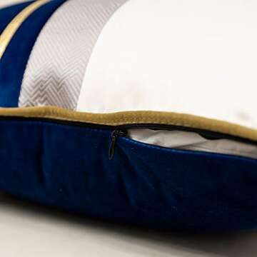 Avigers 12 x 20 Inches Navy Blue White Gold Leather Striped Patchwork Velvet Cushion Case Luxury Modern Throw Pillow Cover Decorative Pillow for Couch Living Room Bedroom Car