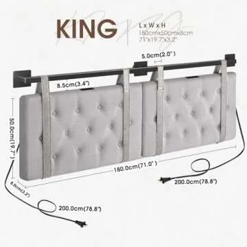 GREENSTELL Wall Mount Headboard with USB for King Size Bed, Linen Fabric Headboard Only, Industrial Pipe Modern Style, Gray Hanging Head Boards, Durable, Comfortable, Button Upholstered for Bedroom