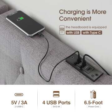 GREENSTELL Wall Mount Headboard with USB for King Size Bed, Linen Fabric Headboard Only, Industrial Pipe Modern Style, Gray Hanging Head Boards, Durable, Comfortable, Button Upholstered for Bedroom