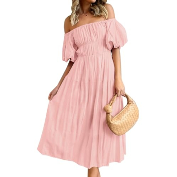 Stylish ZESICA Women's Boho Off Shoulder Midi Dress in Pink