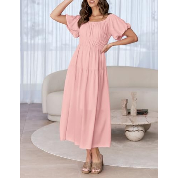 ZESICA Off Shoulder Puff Sleeve Midi Dress - Stylish Comfort