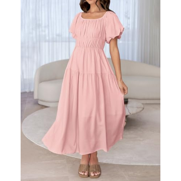 ZESICA Off Shoulder Puff Sleeve Midi Dress - Stylish Comfort