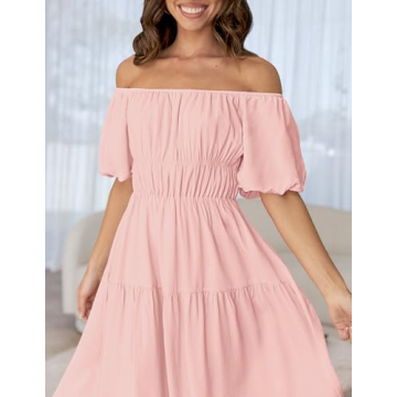 ZESICA Off Shoulder Puff Sleeve Midi Dress - Stylish Comfort