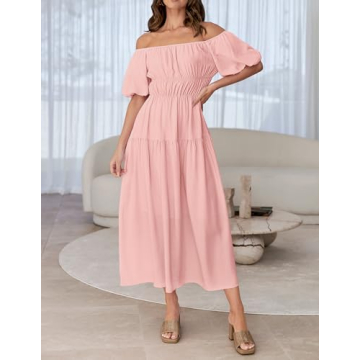 ZESICA Off Shoulder Puff Sleeve Midi Dress - Stylish Comfort