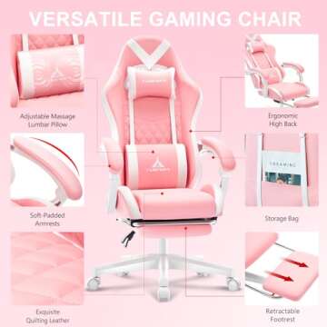 TUKAKA Pink Gaming Chair,Ergonomic Massage Computer Office Desk Chair with Footrest,Pocket Spring Cushion,Reclining Leather Adjustable Gamer Chair with Headrest and Lumbar Support,Pink