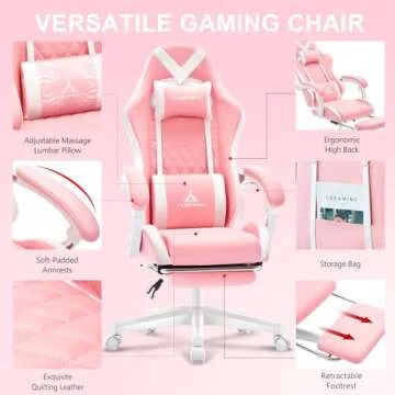 TUKAKA Pink Gaming Chair,Ergonomic Massage Computer Office Desk Chair with Footrest,Pocket Spring Cushion,Reclining Leather Adjustable Gamer Chair with Headrest and Lumbar Support,Pink