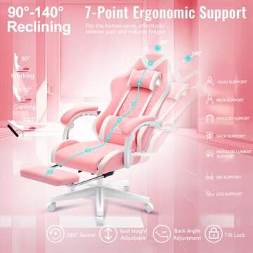 TUKAKA Pink Gaming Chair,Ergonomic Massage Computer Office Desk Chair with Footrest,Pocket Spring Cushion,Reclining Leather Adjustable Gamer Chair with Headrest and Lumbar Support,Pink