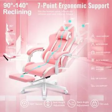 TUKAKA Pink Gaming Chair,Ergonomic Massage Computer Office Desk Chair with Footrest,Pocket Spring Cushion,Reclining Leather Adjustable Gamer Chair with Headrest and Lumbar Support,Pink