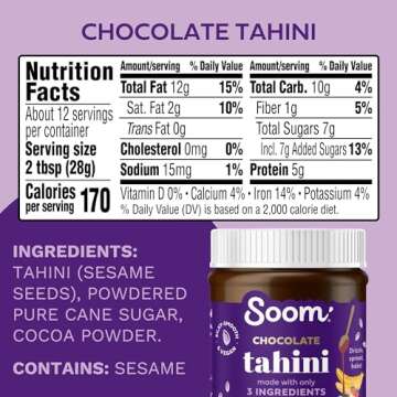 Soom Foods Chocolate Sesame Spread - 12oz (2 Pack) | Made with 3 Ingredients, Low Sugar, Dairy-Free, Nut-Free, Gluten-Free, Palm Oil-Free | 5g Protein | Better for You Chocolate Spread