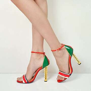 FSJ Women Fashion Gold Metal Chain Chunky High Heels Ankle Strap Sandals Open Toe Fashion Prom Shoes Size 7 Red Green