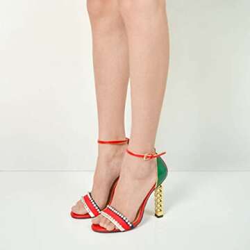 FSJ Women Fashion Gold Metal Chain Chunky High Heels Ankle Strap Sandals Open Toe Fashion Prom Shoes Size 7 Red Green