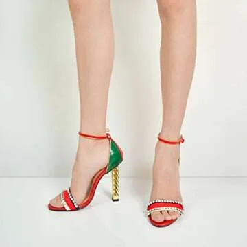 FSJ Women Fashion Gold Metal Chain Chunky High Heels Ankle Strap Sandals Open Toe Fashion Prom Shoes Size 7 Red Green