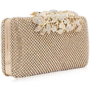 MagicLove Womens Evening Bag with Flower Closure Rhinestone Crystal Clutch Purse for Wedding Party Gold