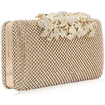 MagicLove Womens Evening Bag with Flower Closure Rhinestone Crystal Clutch Purse for Wedding Party Gold