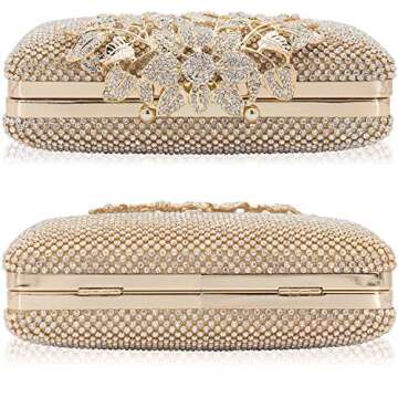 MagicLove Womens Evening Bag with Flower Closure Rhinestone Crystal Clutch Purse for Wedding Party Gold