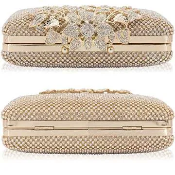 MagicLove Womens Evening Bag with Flower Closure Rhinestone Crystal Clutch Purse for Wedding Party Gold