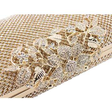 MagicLove Womens Evening Bag with Flower Closure Rhinestone Crystal Clutch Purse for Wedding Party Gold