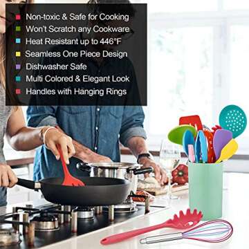 LIANYU 12-Piece Silicone Kitchen Cooking Utensils with Holder, Kitchen Tools Set Include Slotted Spatula Spoon Turner Ladle Tong Whisk, Dishwasher Safe, Multi Colored