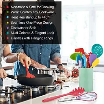 LIANYU 12-Piece Silicone Kitchen Cooking Utensils with Holder, Kitchen Tools Set Include Slotted Spatula Spoon Turner Ladle Tong Whisk, Dishwasher Safe, Multi Colored